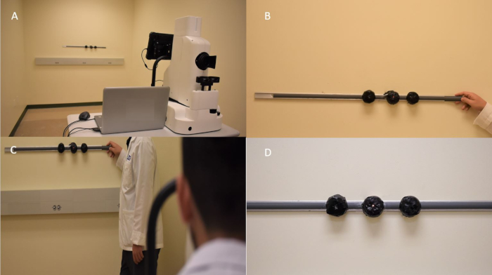 Static equilibrium experiment setup with microscope imaging; examining load distribution on a beam.