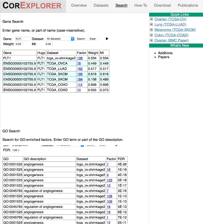 figure-results-5 Gene expression analysis results table; search interface showing factors and GO terms.