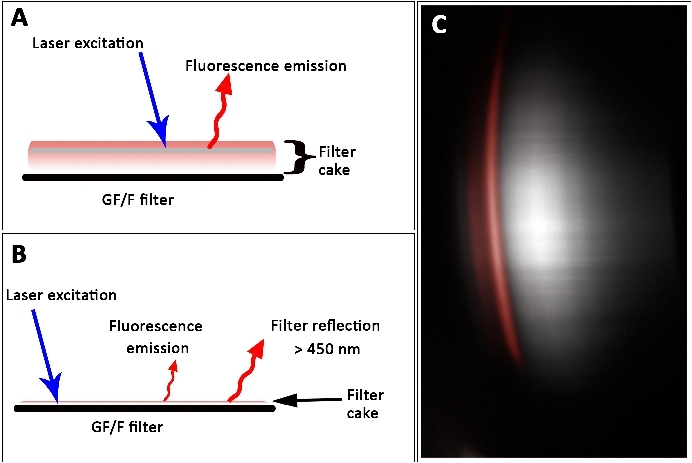 Laser excitation diagram with fluorescence emission on GF/F filter visualizing optical properties.