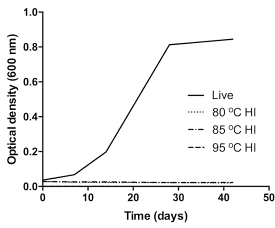 Optical density growth chart, live vs heat-inactivated microbes over 50 days, 600 nm wavelength.