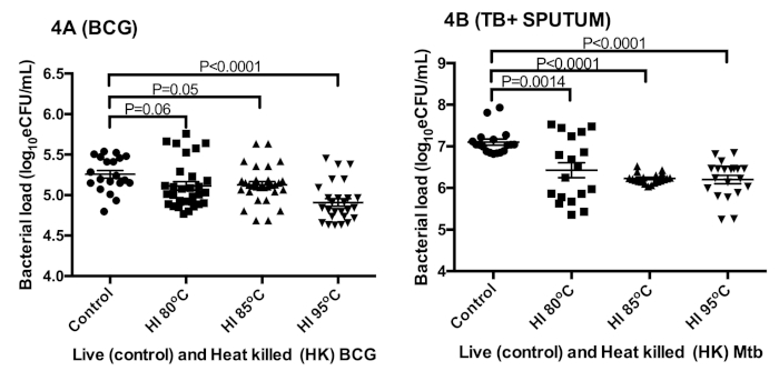 Bacterial load graph; live vs heat-killed BCG, Mtb; statistical analysis of CFU/mL.