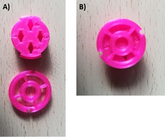 figure-results-3 3D-printed mechanical components A and B comparison; educational design prototypes.