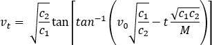 Physics equation for velocity in mechanics diagram, using constants c1, c2, v0, and mass M.