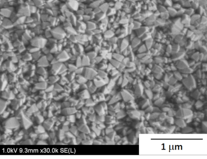 Microscopic image of nanostructures, scanning electron microscopy, magnification 30k, scale 1 µm.