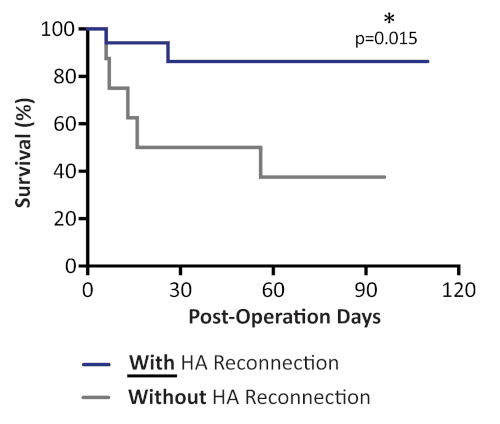 figure-results-6 Kaplan-Meier survival analysis graph comparing post-operation days with and without HA reconnection.