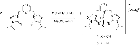 figure-results-2 Cobalt complex synthesis diagram, ligand reaction with CoCl2 in MeCN, forming heterocyclic structures.