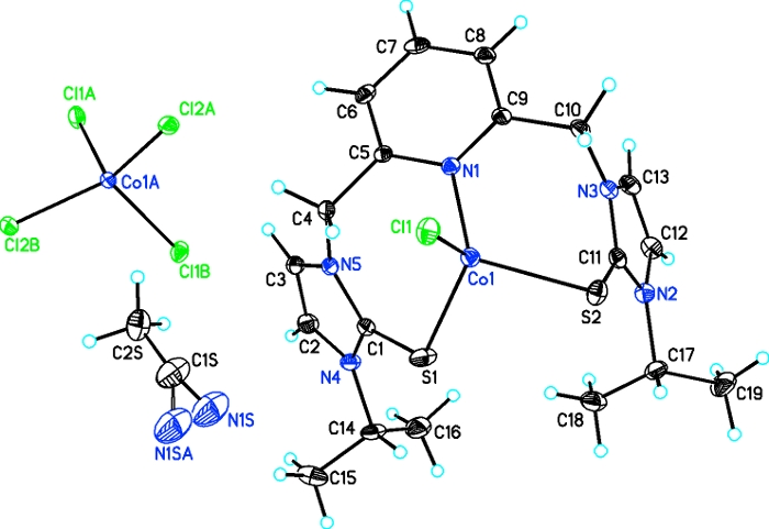 figure-results-3 Coordination compound structure; diagram; displaying Co complex with Cl, N, C bonds; crystallography.