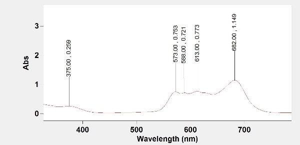 figure-results-6 Spectroscopy graph; absorption peaks at 573, 583, 613, 682 nm. Transient absorption study.