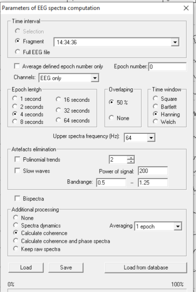 EEG spectra computation parameters, diagram for data analysis settings, time intervals, filters.