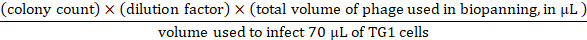 Colony count formula for phage biopanning; equation for infection efficiency analysis.