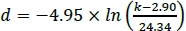 d=-4.95×ln((k-2.90)/24.34); mathematical formula; logarithmic equation analysis.