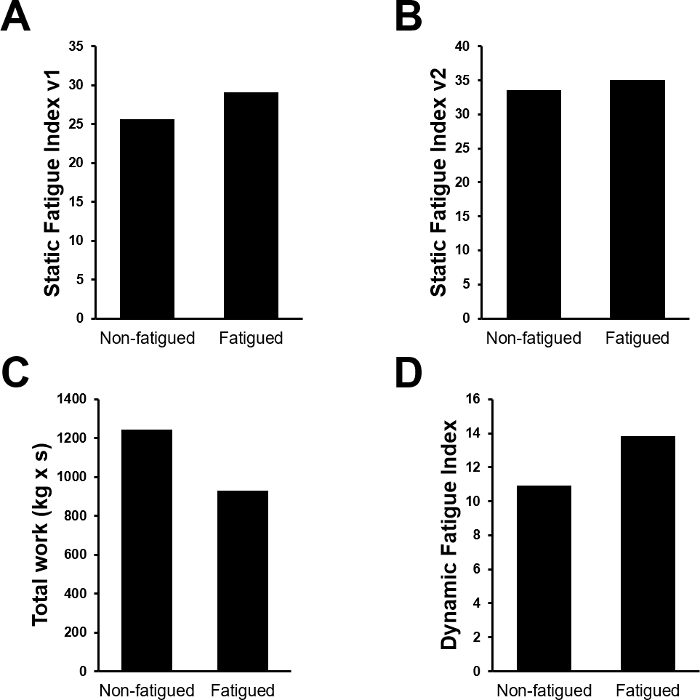 Static and dynamic fatigue index bar charts comparing non-fatigued vs fatigued conditions.