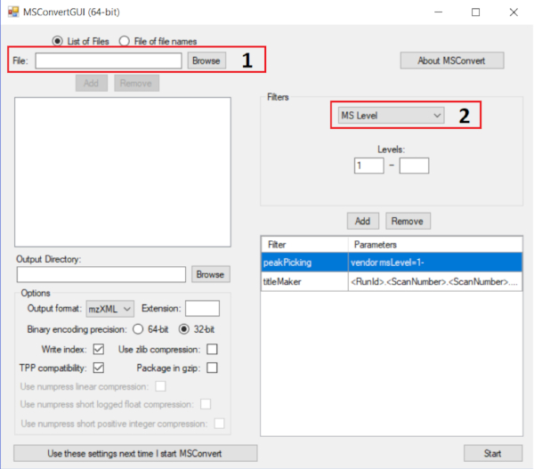MSConvertGUI interface diagram for mass spectrometry data conversion, filter setup features.
