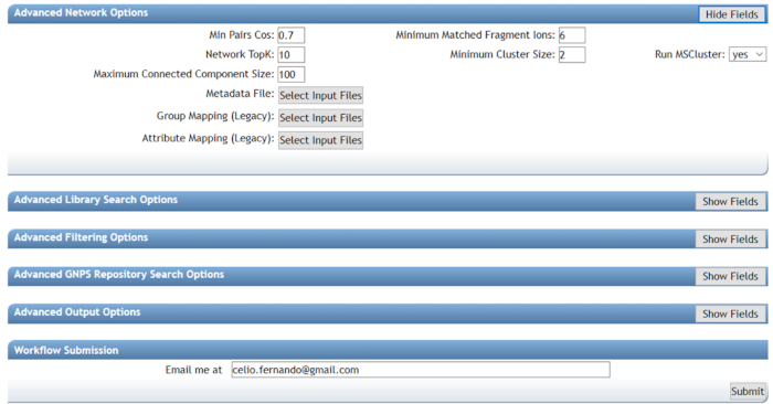Spectral network analysis setup; GUI interface for mass spectrometry data clustering; GNPS workflow input.
