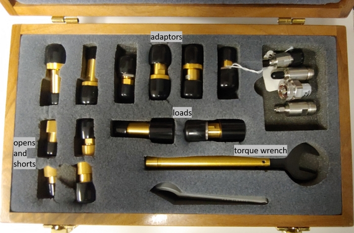 figure-results-5 RF test kit for calibration, includes adaptors, loads, opens, shorts, and torque wrench.
