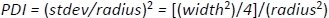 figure-protocol-5 PDI formula: (stdev/radius)^2 = (width^2/4)/radius^2; equation; statistical analysis.