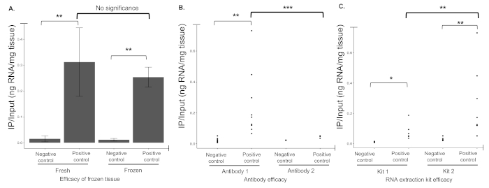 Bar chart; RNA tissue input comparison, frozen vs. fresh; antibody, kit efficacy; experimental data.