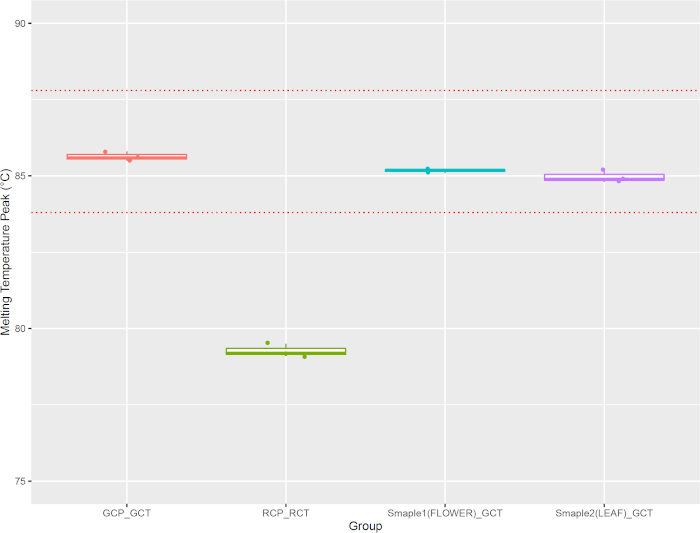 figure-results-10 Box plot diagram of melting temperature peaks for different groups, illustrating data variability.