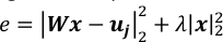 Equation showing error minimization formula, e=|Wx−uj|²+λ|x|², used in data fitting analysis.