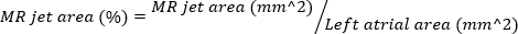 MR jet area calculation formula in cardiac analysis; equation with atrial area ratio.