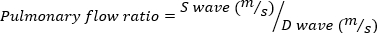 Pulmonary flow ratio equation, S wave over D wave, hemodynamic analysis diagram.