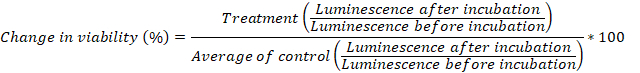 Cell viability equation using luminescence change; formula for experimental data analysis.