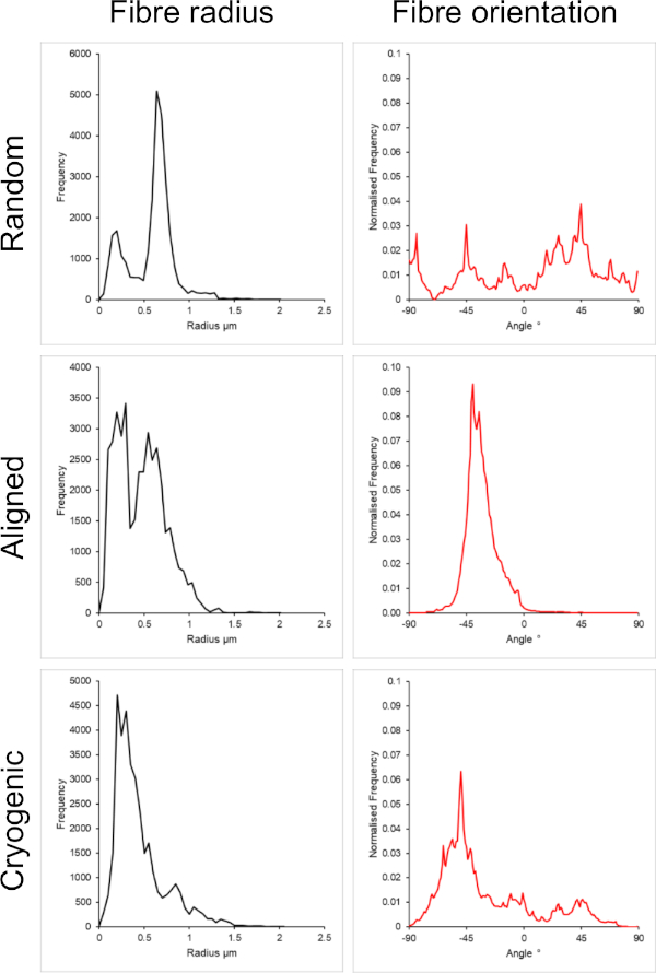 Fibre analysis; radius and orientation graphs; random, aligned, cryogenic samples; data comparison.