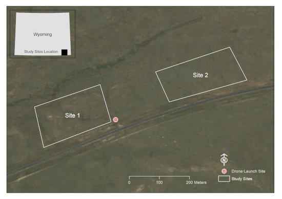Aerial study sites map, Wyoming; site locations for drone research; geographic study diagram.