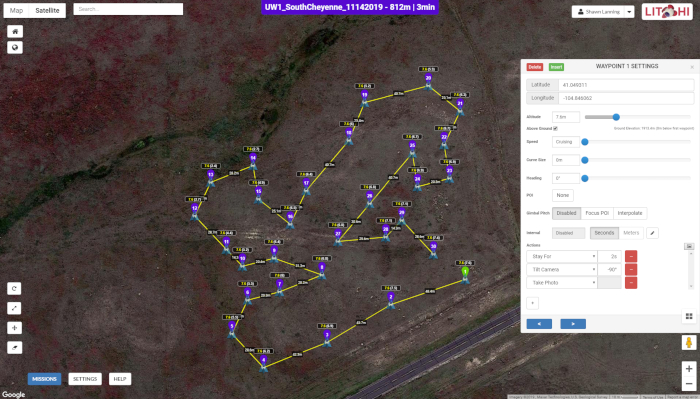 Aerial survey map with waypoint settings; drone flight path data analysis; geographic mapping.
