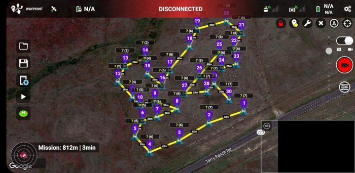Drone navigation path map with waypoints and coordinates for aerial survey mission planning.