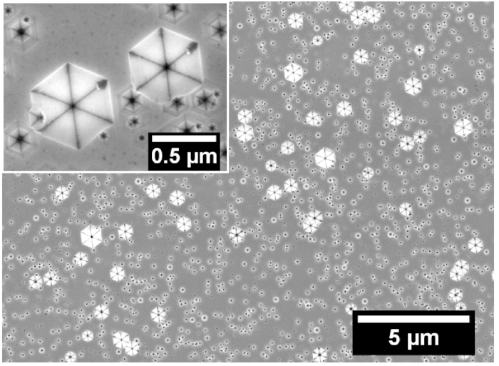 figure-results-1 Microscopy diagram of nanocrystal growth, hexagonal structures, scale bars 0.5 µm and 5 µm.