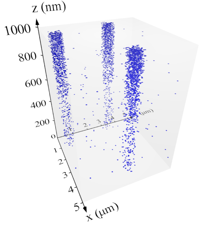 figure-results-5 3D particle density distribution graph, axes z nm, x y μm, data analysis, spatial arrangement.
