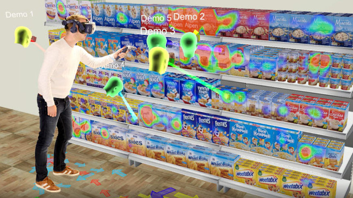 Virtual reality shopping analysis; heatmap usage; VR headset; consumer behavior study diagram.