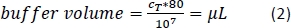 Buffer volume calculation formula, μL, used in laboratory experiments for solution preparation.
