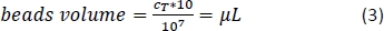 Static equilibrium equation for calculating bead volume in microliters (μL), shown as formula.