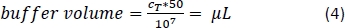Buffer volume formula, shown as \( \text{buffer volume} = \frac{c_r \times 50}{10^7} \), unit: µL.
