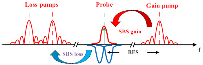SBS process diagram showing loss pumps, probe, and gain pump frequencies with SBS gain and loss.