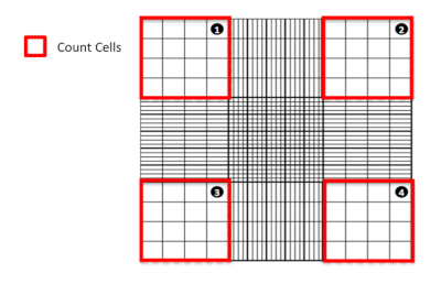 Cell counting grid diagram for microscopic analysis; four grid quadrants marked for cell count.