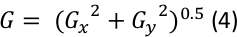 Gradient magnitude formula \( G = \sqrt{G_x^2 + G_y^2} \); vector calculus equation.