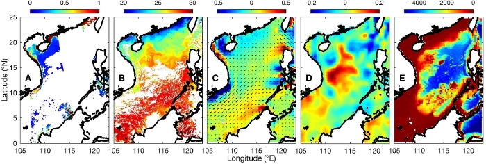 figure-results-1 Oceanographic data maps showing sea surface conditions; color-coded analysis of temperature, salinity.