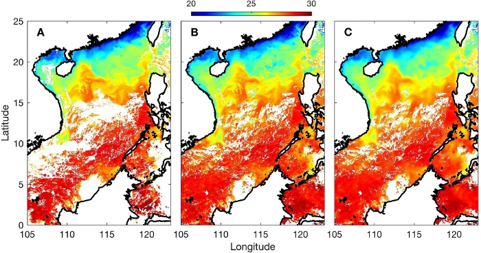 figure-results-2 Sea surface temperature maps; diagram; color gradient 20-30°C; geographic data analysis.
