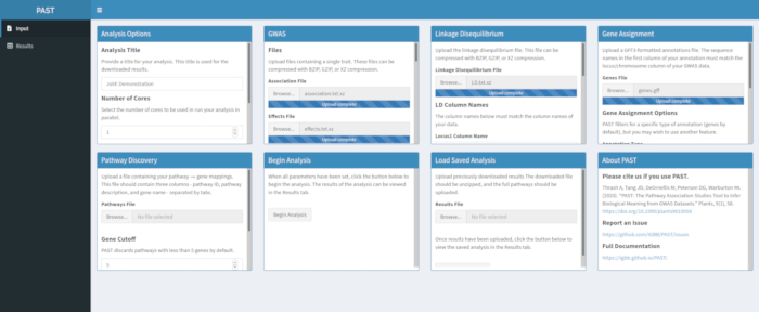 figure-protocol-4 Bioinformatics analysis interface for GWAS, pathway discovery, gene assignments; input and results.