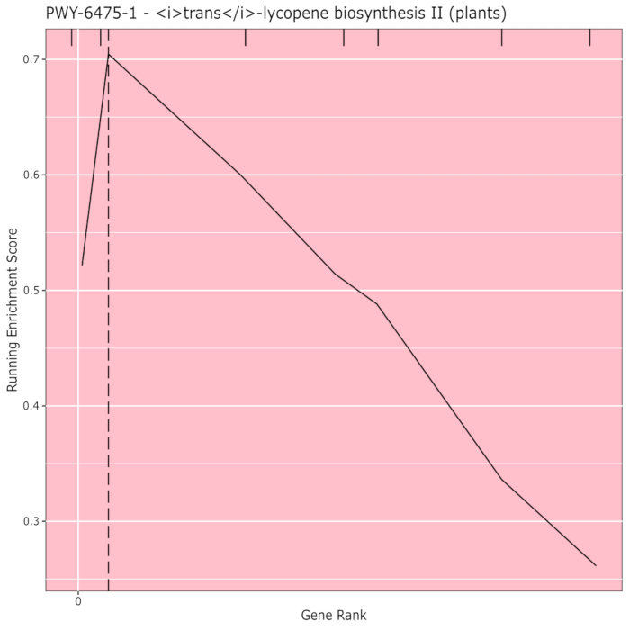 Graph of gene enrichment score for lycopene biosynthesis II pathway in plants, showing gene rank.