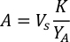 Equazione che illustra il concetto A=Vs(K/YA), utilizzato nell'ottimizzazione dei processi o nell'analisi dei sistemi.
