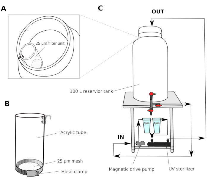figure-results-1 Sistema di filtrazione dell'acqua; diagramma; Serbatoio da 100 litri, filtro da 25 μm, tubo in acrilico; Configurazione dello sterilizzatore UV.
