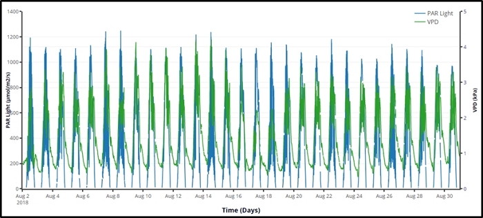 figure-results-4 PAR light vs VPD; graph of daily cycle; units: μmol/m²/s, kPa; environmental analysis.
