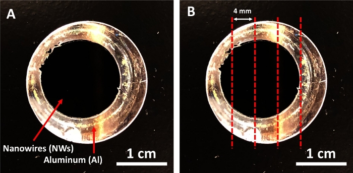 Nanowires on aluminum ring in microscopy; experiment setup with dimensional markings for analysis.