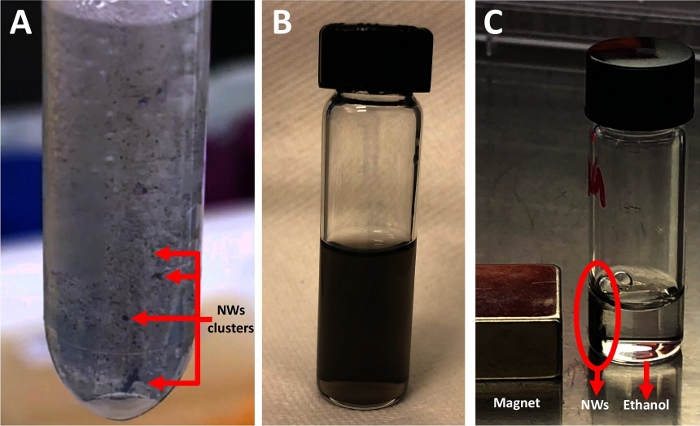 Nanowire separation experiment diagram; shows clustering, liquid suspension, magnet interaction.