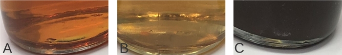 Chromatography experiment, three solvent phases, visual comparison of separation results.