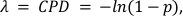 Mathematical formula for probability in a diagram: λ=CPD=-ln(1-p); probability analysis.